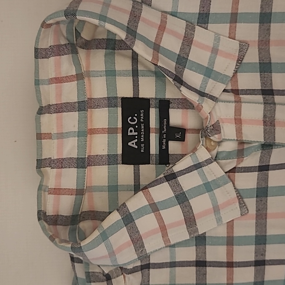 APC Green Beige Pink Plaid Cotton Linen Blend XL Mens Long Sleeve Shirt